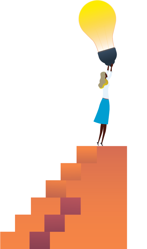 graphic of lady holding light bulb on staircase